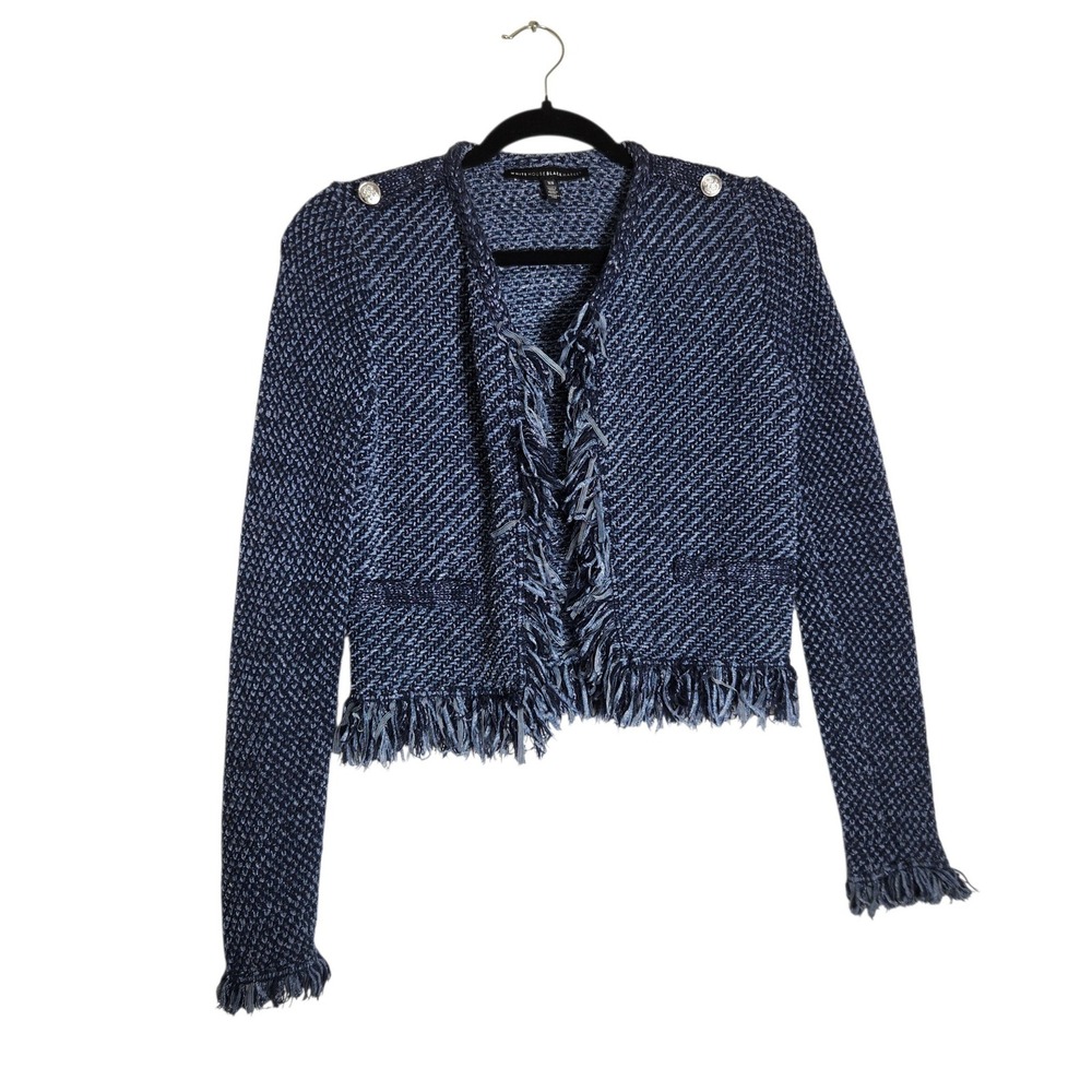 White House Black Market Navy Blue Fringe Cropped Cardigan Sweater XS